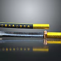 Traditional Katana With Black Yellow Sheath And Brass Hilt On Reflective Surface