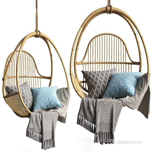 Stylish Rattan Hanging Chair with Blue and Gray Pillows and Cozy Blanket 3d model 