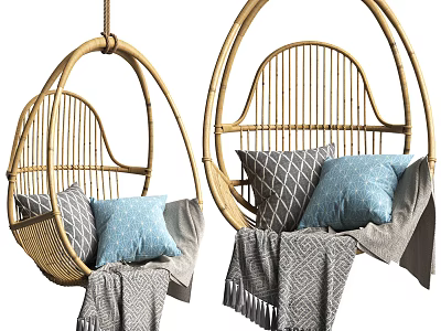 Stylish Rattan Hanging Chair with Blue and Gray Pillows and Cozy Blanket 3d model