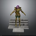 Purple Haired Fantasy Character In Decorated Golden Armor Standing On Gray Steps With Green Pants