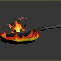 Everyday Frying Pan With Flames Cooking Tasty Meat Slices And Noodles