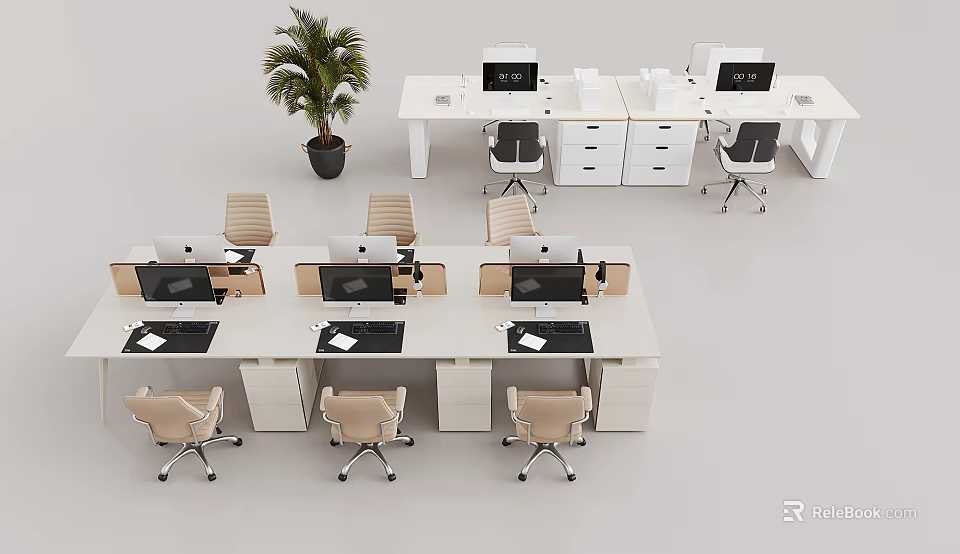 Modern Office Workspace With Multiple Desks Ergonomic Chairs Computers And Potted Plant 3d model 