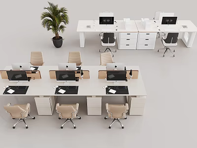 Modern Office Workspace With Multiple Desks Ergonomic Chairs Computers And Potted Plant 3d model