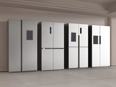 Modern Stainless Steel Multi door Refrigerators Neatly Arranged in Display Room 3d model