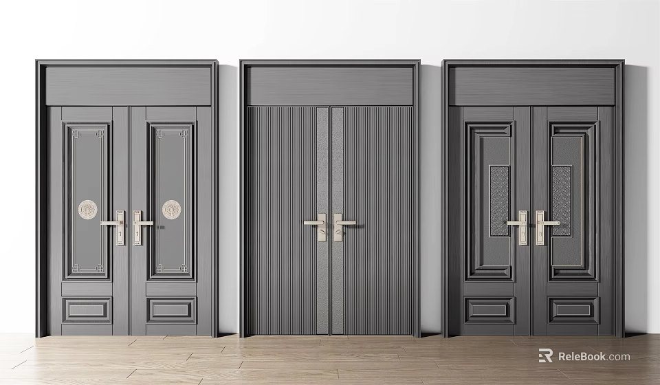 Contemporary Gray Double Doors With Sleek Metal Handles And Panel Design For Home Entrance 3d model 