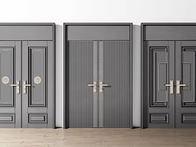 Contemporary Gray Double Doors With Sleek Metal Handles And Panel Design For Home Entrance 3d model