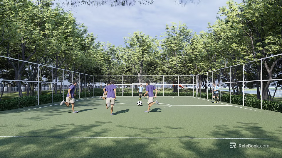 Outdoor Soccer Field With Fenced Area Green Turf And People Playing 3d model 