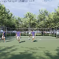 Outdoor Soccer Field With Fenced Area Green Turf And People Playing