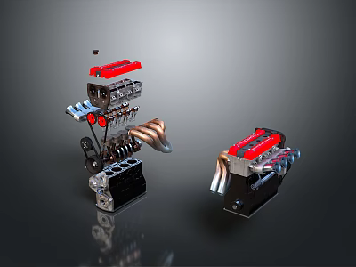 High Precision Automotive Engine Components With Red And Silver Metallic Finish 3d model