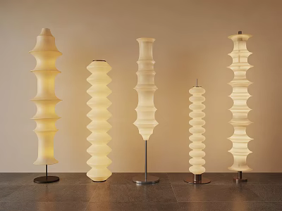 Five Unique Design Floor Lamps Featuring Spiral Wavy White Shades and Metal Bases 3d model