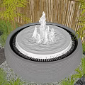 Courtyard Garden With Circular Water Fountain Bamboo Stone Slabs And Lush Green Plants