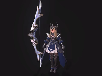 Fantasy Armored Female Game Character With Large Bow Blonde Hair And Blue Cape 3d model