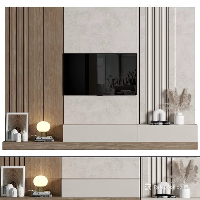 Modern TV Background Wall Design With Wooden Panels Light Colors And Decorative Items 3d model 