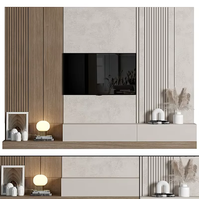 Modern TV Background Wall Design With Wooden Panels Light Colors And Decorative Items 3d model