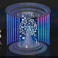 Interactive Light Installation With Dandelion Pattern Blue Purple Lighting And Woman Viewing