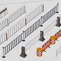 Various Types Of Metal Traffic Barriers With Warning Stripes And Orange Construction Bases