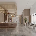 Modern Restaurant Lobby With Large Windows Natural Light Beige Sofas Green Plants And Chandeliers