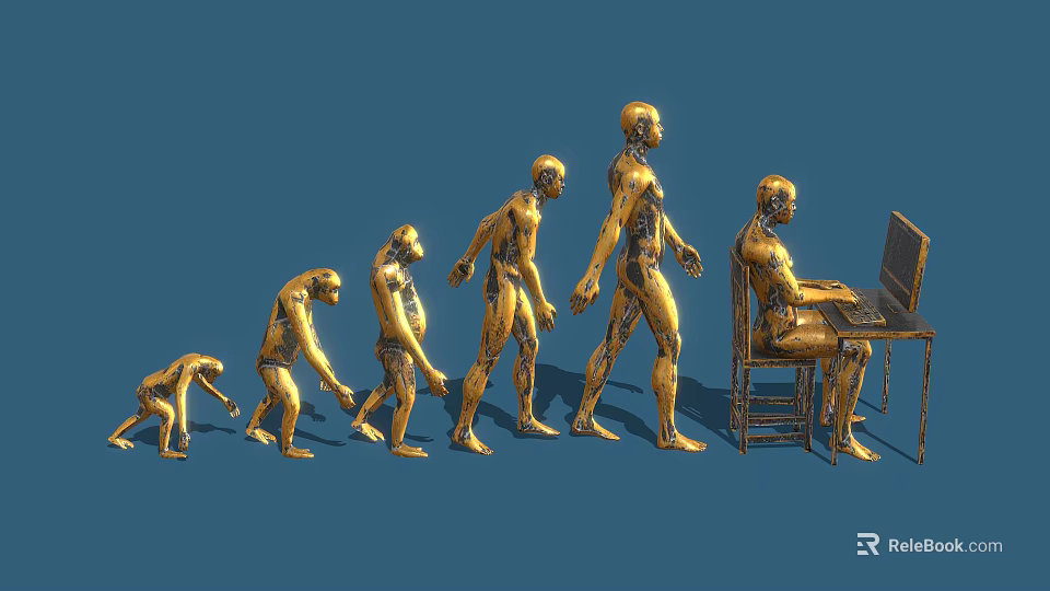 Human Evolution Stages Depicted As Golden Statues From Ape To Laptop User 3d model 
