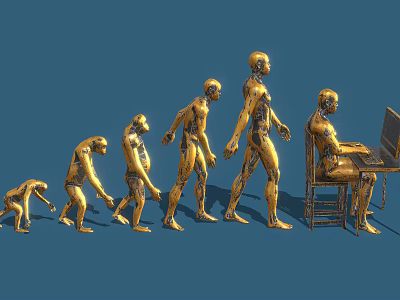 Human Evolution Stages Depicted As Golden Statues From Ape To Laptop User 3d model