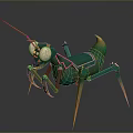 Futuristic 3D Mechanical Mantis Character With Green Body Gold Accents And Red Eyes