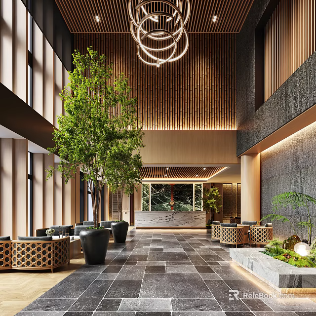 Modern Hotel Lobby Interior With Chandelier Green Plants And Wooden Panels 3d model 