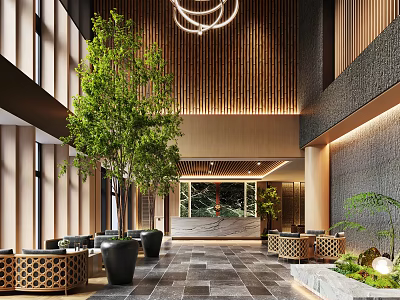 Modern Hotel Lobby Interior With Chandelier Green Plants And Wooden Panels 3d model