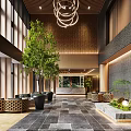 Modern Hotel Lobby Interior With Chandelier Green Plants And Wooden Panels