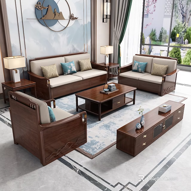 New Chinese Solid Wood Sofa And Coffee Table Combination With Soft Cushions For Living Room 3d model 
