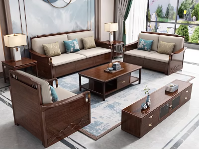 New Chinese Solid Wood Sofa And Coffee Table Combination With Soft Cushions For Living Room 3d model