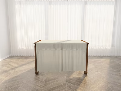 Wooden Desk With White Tablecloth And White Curtains In Herringbone Wooden Floor Room 3d model