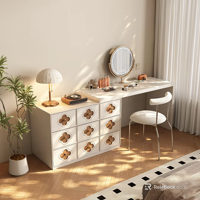 Modern Dressing Table With Round Mirror Cosmetics Decorative Drawers White Chair And Potted Plant 3d model 