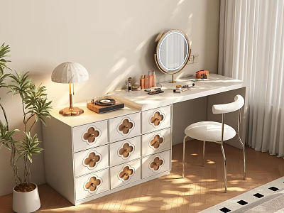 Modern Dressing Table With Round Mirror Cosmetics Decorative Drawers White Chair And Potted Plant 3d model