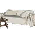 Cozy Light Beige Multi Seater Sofa With Soft Pillows Blanket And Wooden Side Table