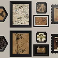 Abstract Paintings In Various Shaped Black Frames Displayed On Light Wall With Multiple Art Designs 3d model