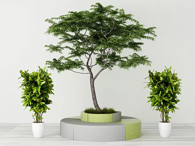 Lush Green Arbor With Round Gray And Green Planter Flanked By White Potted Plants 3d model