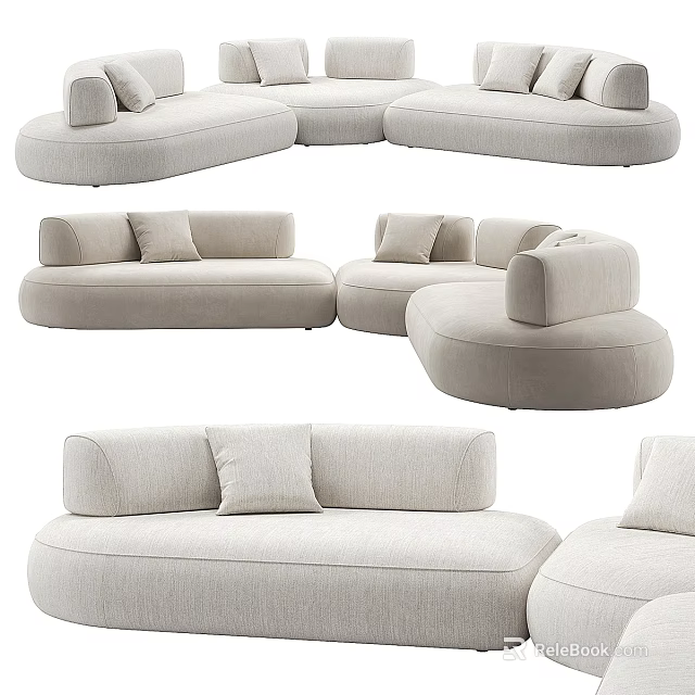 Modern Irregular Shaped Sofa Upholstered In Light Fabric With Modular Sections And Cushions 3d model
