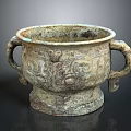 Ancient Bronze Vessel With Double Handles Intricate Carvings And Decorative Base