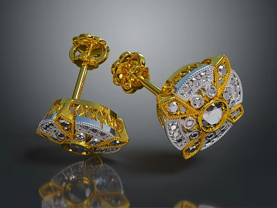 Elegant Gold Earrings With Sparkling Diamond And Gemstone Decorative Patterns 3d model
