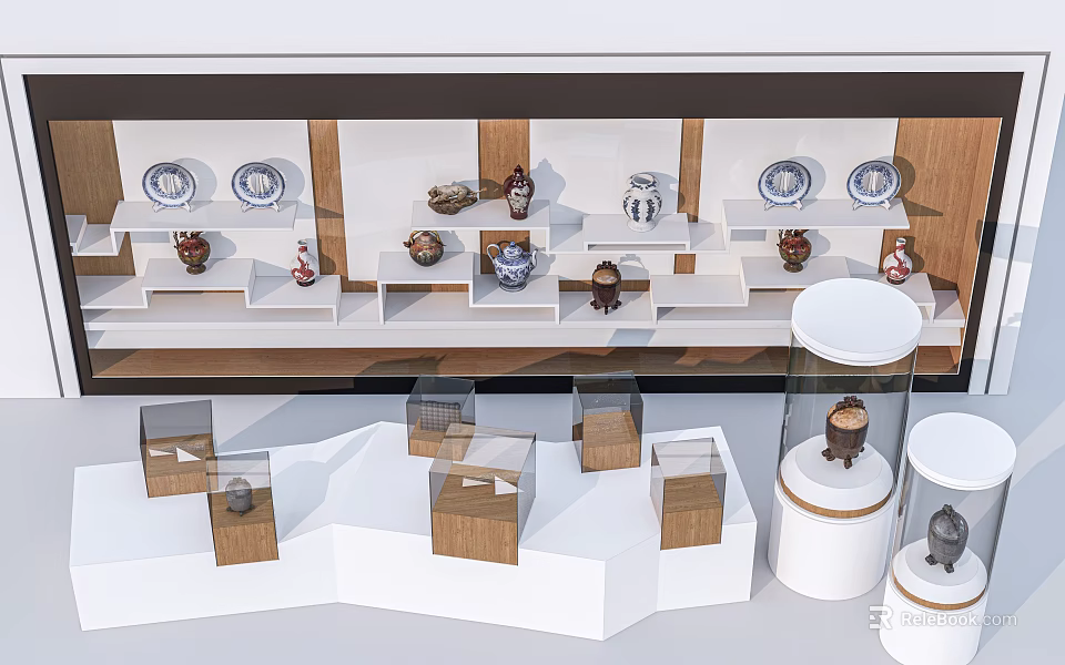 Modern Multi Tiered Display Shelves With Decorative Porcelain Pieces And Wooden White Structure 3d model 