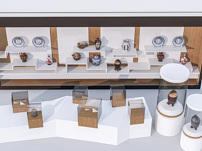 Modern Multi Tiered Display Shelves With Decorative Porcelain Pieces And Wooden White Structure 3d model