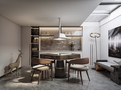 Modern Hotel Mahjong Room With Round Table Comfortable Chairs And Elegant Lighting 3d model