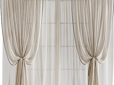 Elegant Beige Sheer Curtains With Draped Pleated Design And Window Tiebacks 3d model