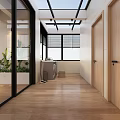 Modern Home Balcony With Wooden Flooring Glass Roof Green Plants And Orange Balls
