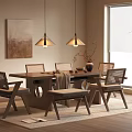Quiet Wind Dining Table and Chair Combination Long Table and Chair Solid Wood Dining Table and Chair Chandelier 3d model