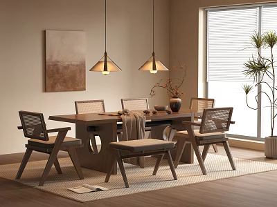 Natural Wooden Dining Table Set with Chairs Bench Hanging Lights Artwork and Potted Plant 3d model