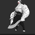 Game Movie Character In White Outfit Black Pants With Muscular Build And Large Scythe
