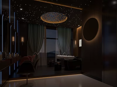 Modern Beauty Hair Salon Interior Design With Styling Chair Mirror Round Ceiling Light And Workstation 3d model