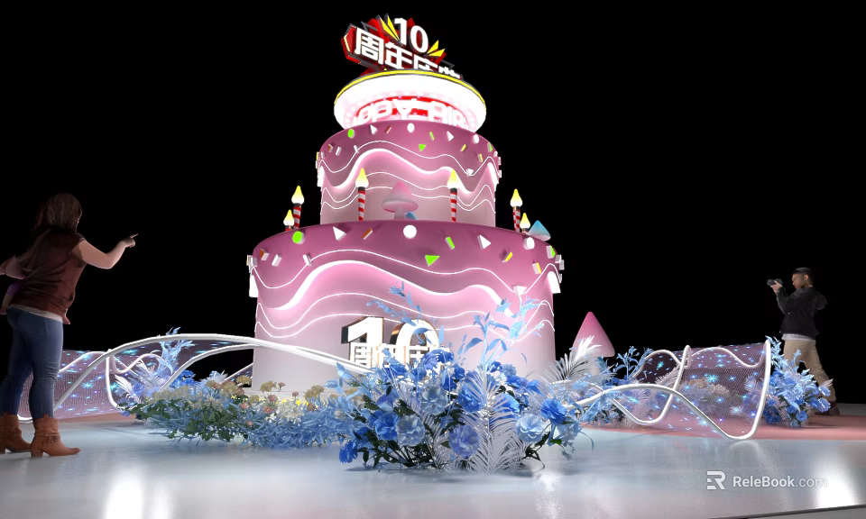 10th Anniversary Photo Check In Spot With Pink Cake Blue Flowers And Wavy Decorations 3d model 