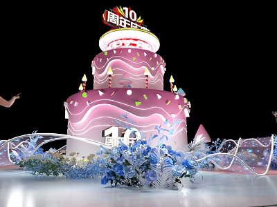 10th Anniversary Photo Check In Spot With Pink Cake Blue Flowers And Wavy Decorations 3d model