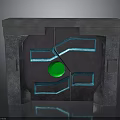 Futuristic Scene Component with Green Gemstone and Blue Glowing Lines on Metal Stone Textured Panel
